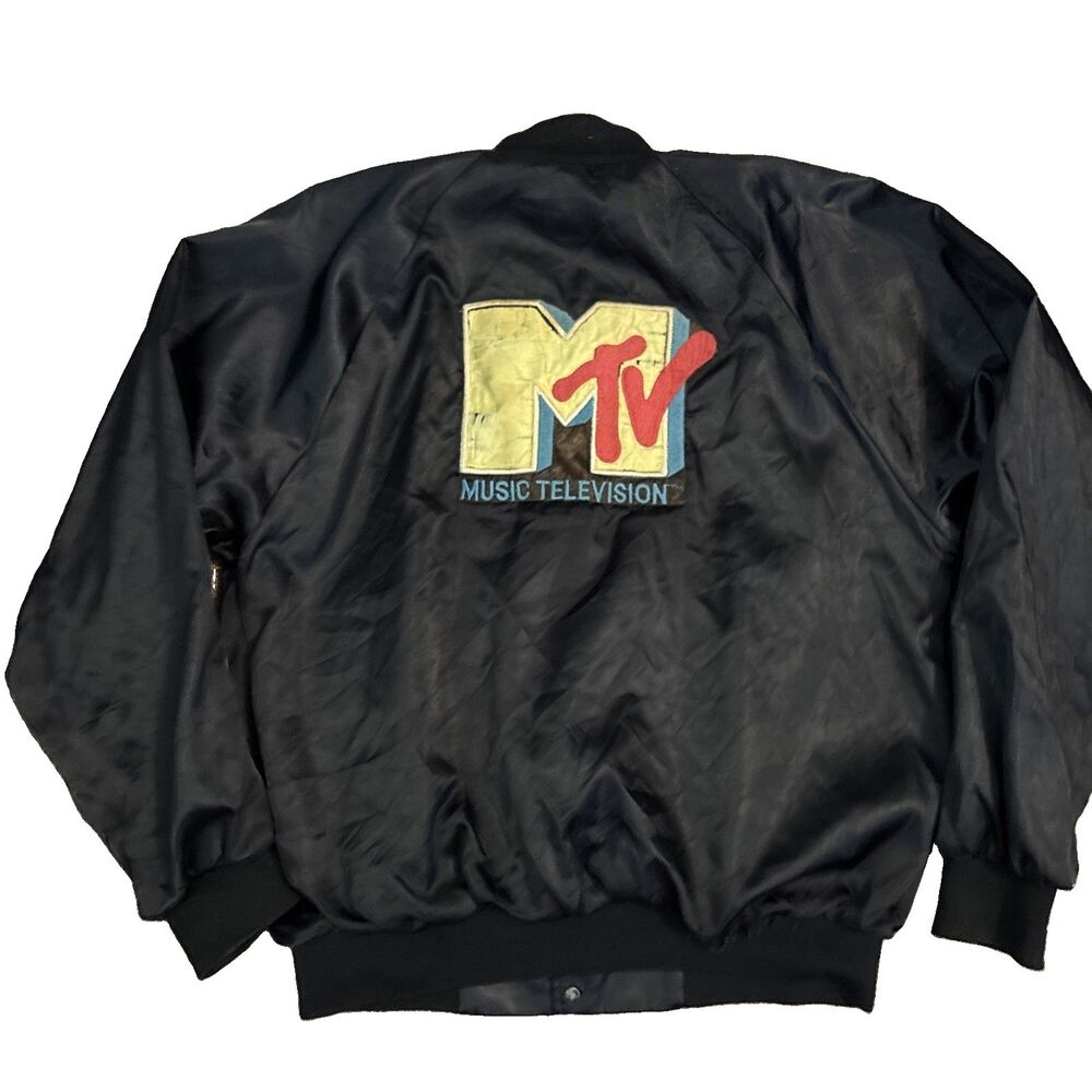 Vintage 80s MTV Music Television Black Satin Bomber Jacket - Large (Has wear)